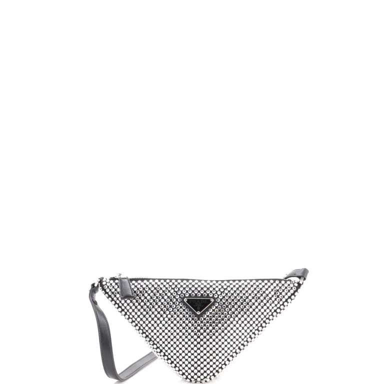 Triangle Top Handle Pouch Bag Crystal Embellished Satin Mini