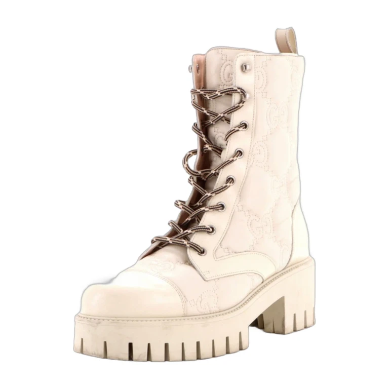 Women's Platform Lug Sole Combat Boots GG Embossed Leather