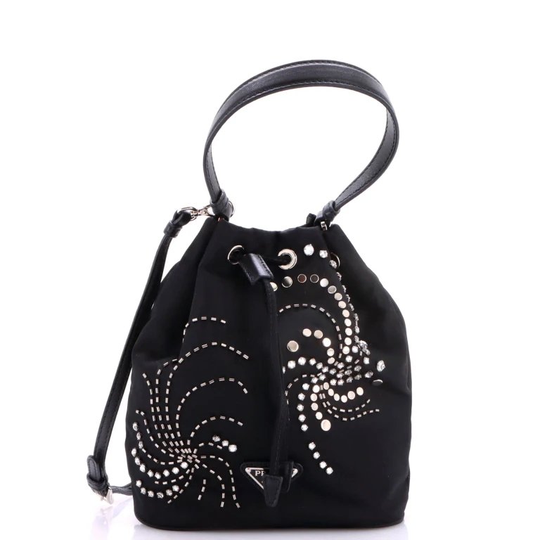 Top Handle Bucket Bag Bead Embellished Re-Nylon Mini