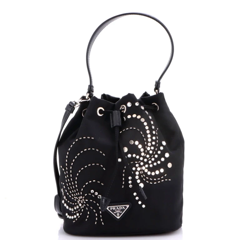 Top Handle Bucket Bag Bead Embellished Re-Nylon Mini