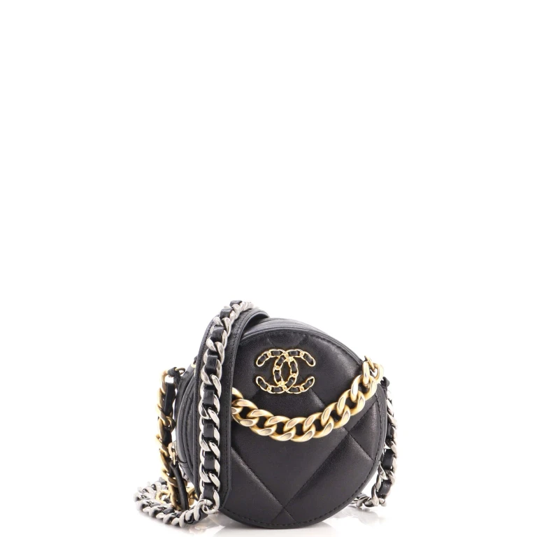 19 Round Clutch with Chain Quilted Leather