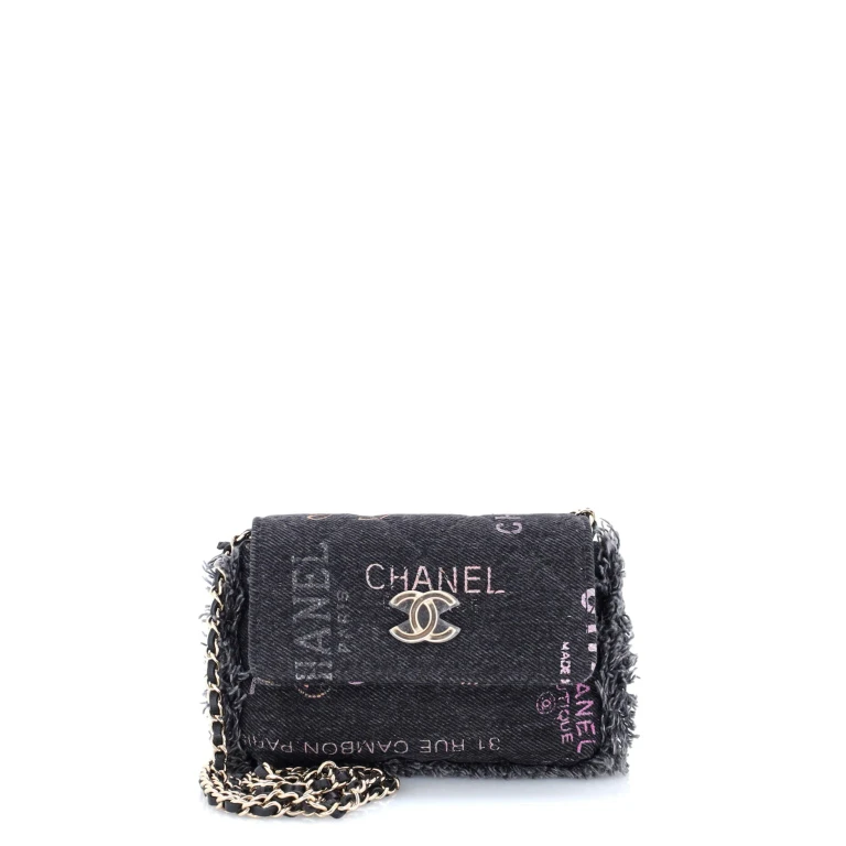 Denim Mood Flap Clutch with Chain Logo Printed Quilted Fringe Denim
