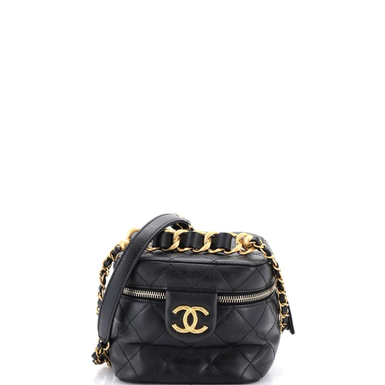 Chain Bar Vanity Case with Chain Quilted Calfskin Small