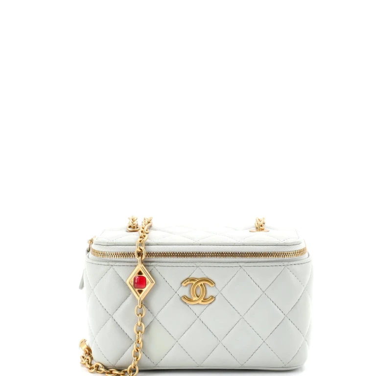 Classic Vanity Case with Resin Pearl Chain Quilted Lambskin Small