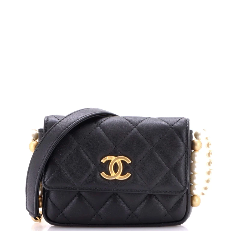 About Pearls Flap Card Holder with Chain Quilted Calfskin