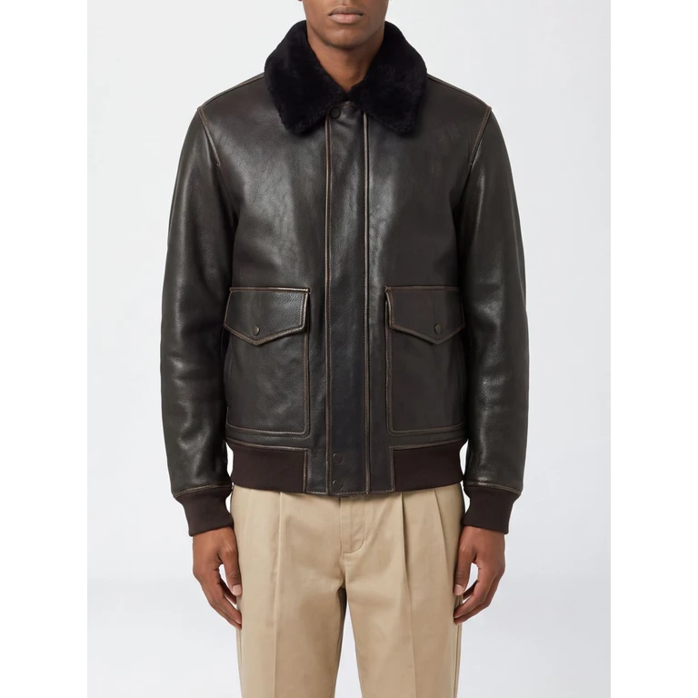 Leather Aviator Bomber Jacket with Classic Collar (RV4I26F0MLTBROWN)