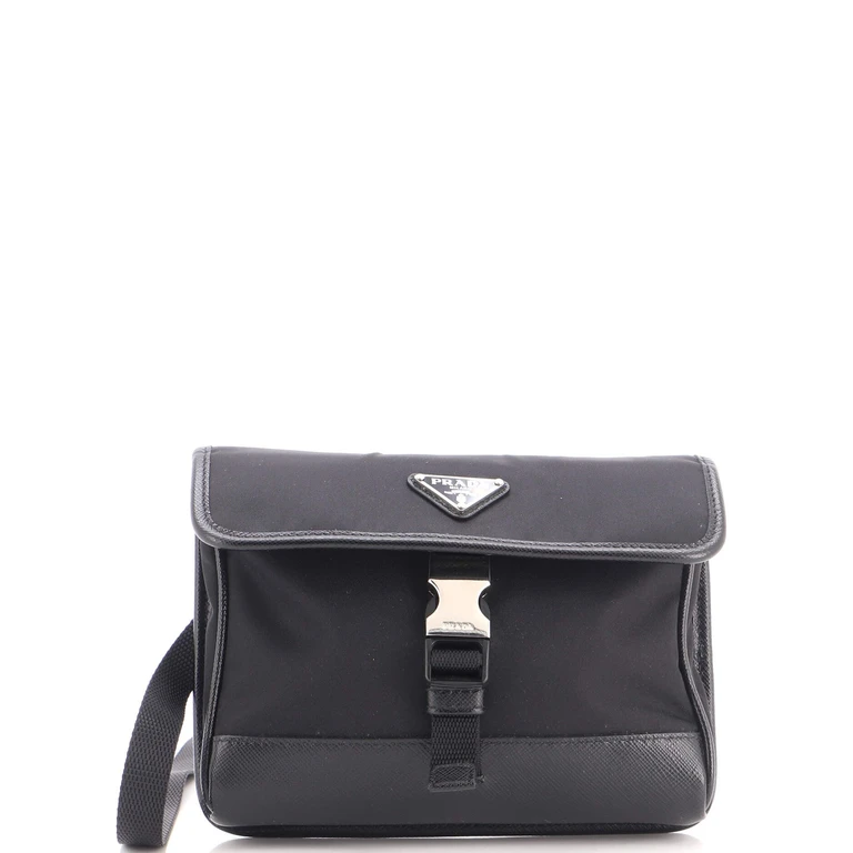 Buckle Flap Crossbody Bag Re-Nylon and Leather Small