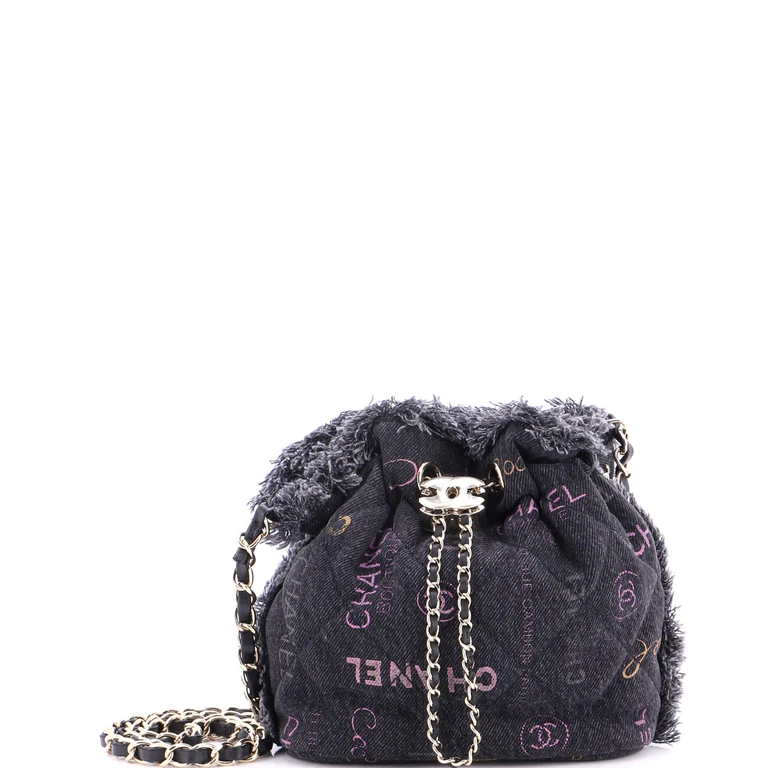 Denim Mood Chain Bucket Bag Logo Printed Quilted Fringe Denim Medium