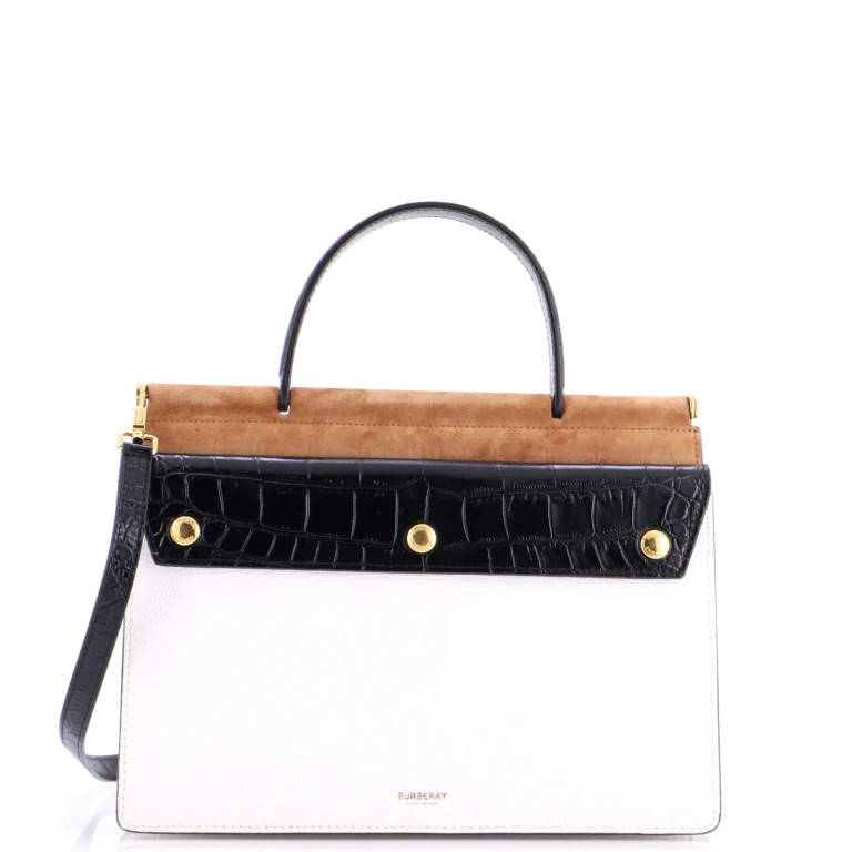 Panelled Title Front Pocket Top Handle Bag Embossed Leather and Suede Small