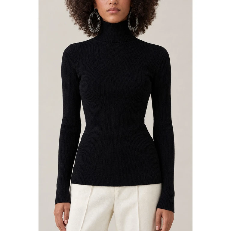 Women's Black Ribbed Wool Turtleneck Sweater