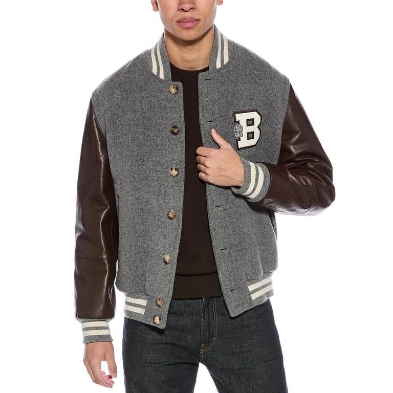 Men's Grey Wool Leather Sleeve Varsity Jacket