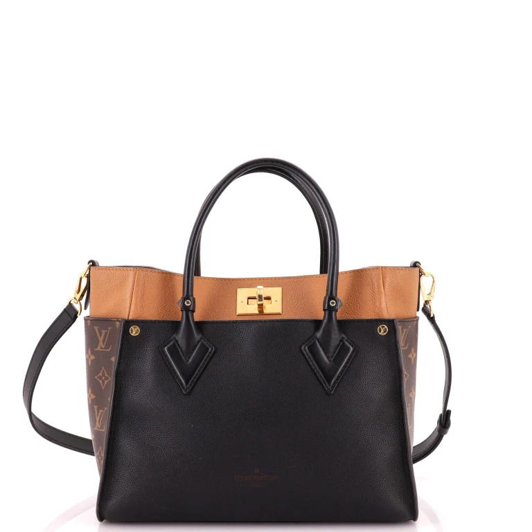 On My Side Tote Leather with Monogram Canvas MM