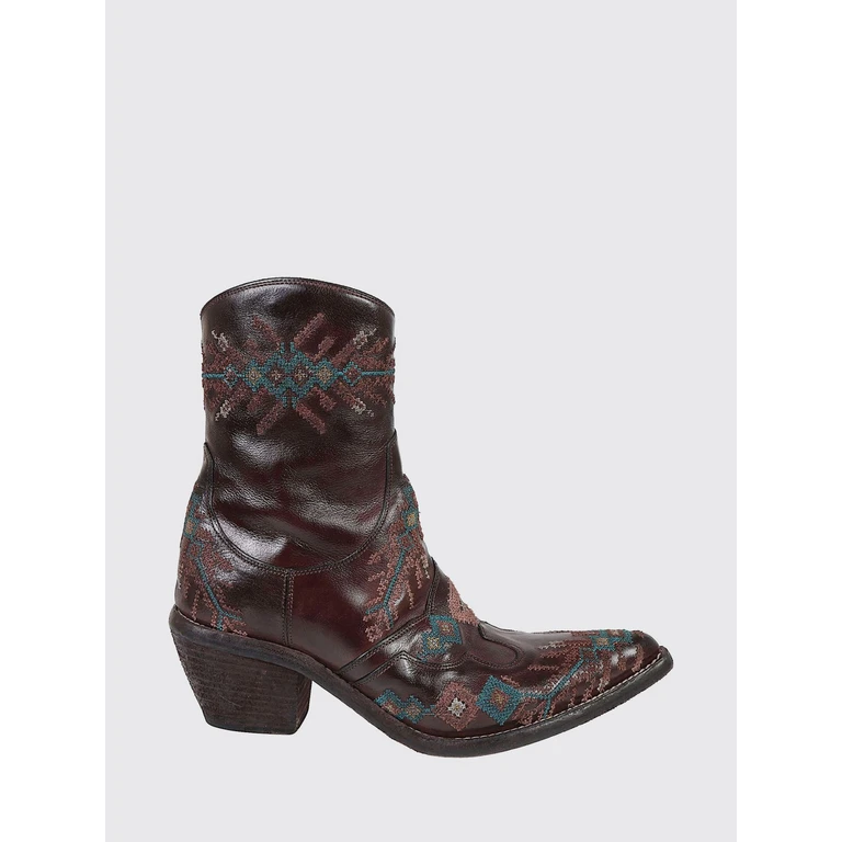 Leather Western Boots with Ethnic Embroidery and Mid Heel (3972236EBANO)