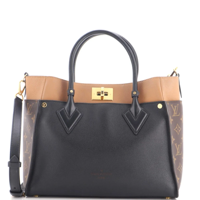 On My Side Tote Leather with Monogram Canvas MM