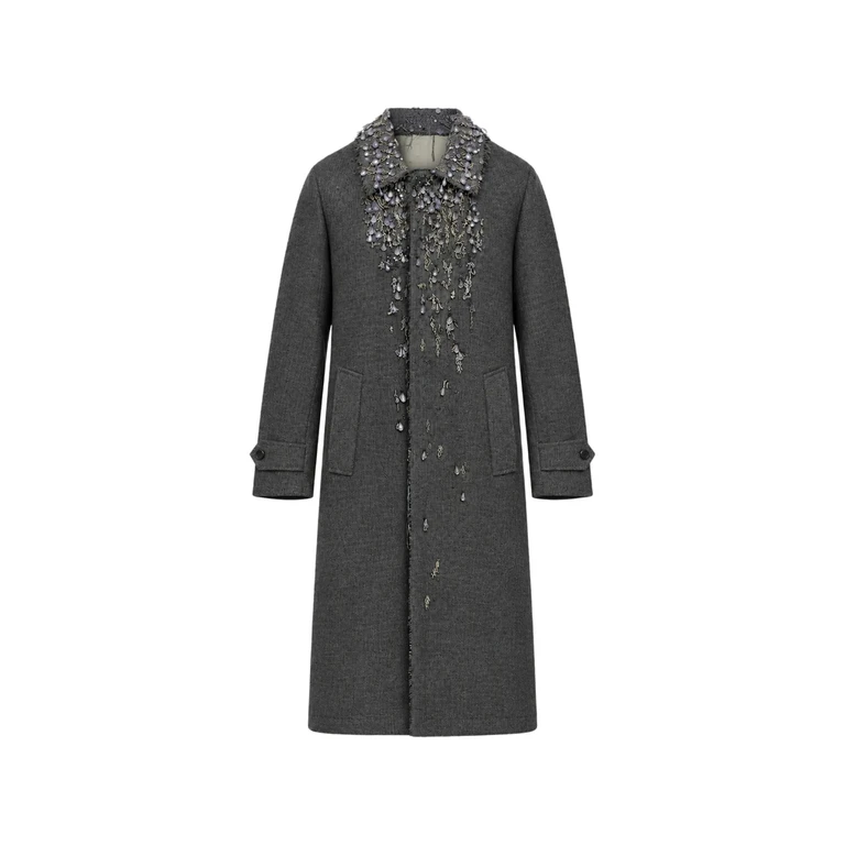 Single-breasted Mouliné Prince Of Wales Check And Embroidered Twill Coat