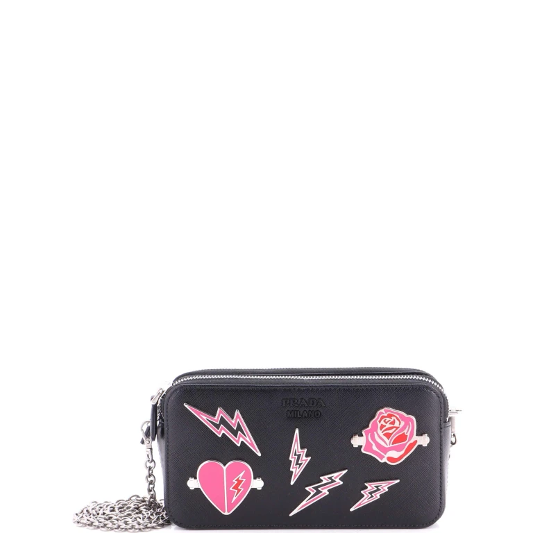 Monochrome Double Zip Wallet on Chain Crossbody Pin Embellished Saffiano Leather