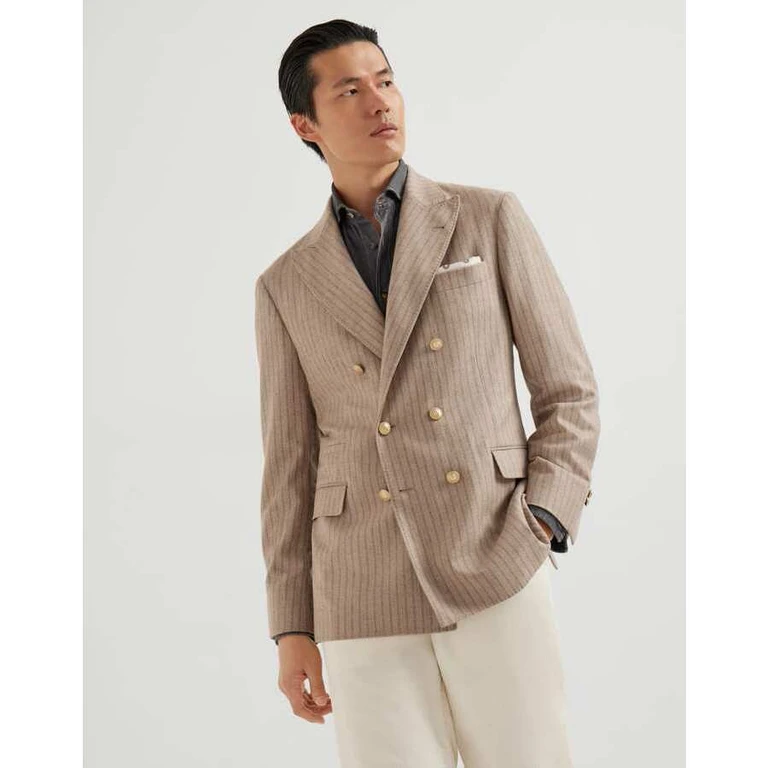 Men's Sand Grey Double Breasted Wool Silk Blazer