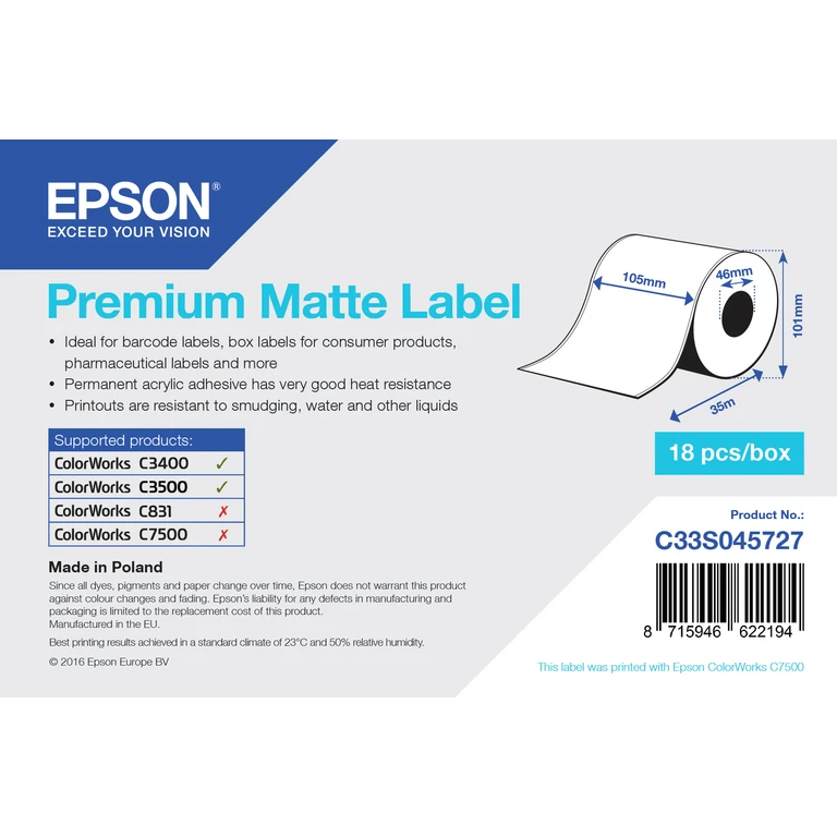 Epson C33S045727 Continous label roll matt Premium 105mm x 35m Pack=1