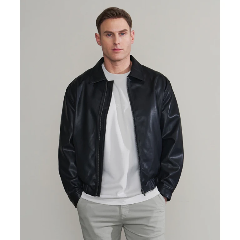 Black faux leather blouson jacket