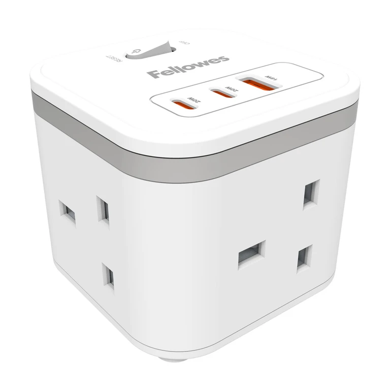 Power Cube with 3 Power Socket Extension USB-A & USB-C Ports White