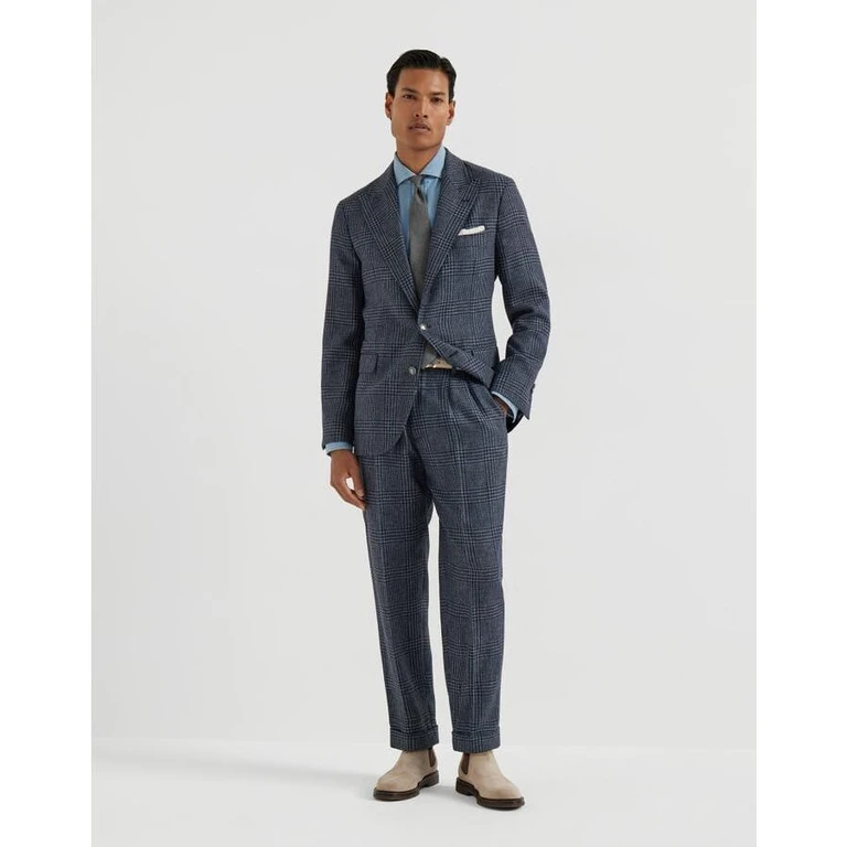 Men's Denim Wool Silk Checked Suit