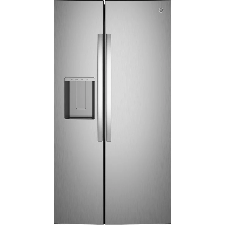 ® 23.5 Cu. Ft. Counter-Depth Side-By-Side Refrigerator with LED Light Walls and Extra Tall Dispenser in Stainless | GZS24PYYFS | Stainless Steel