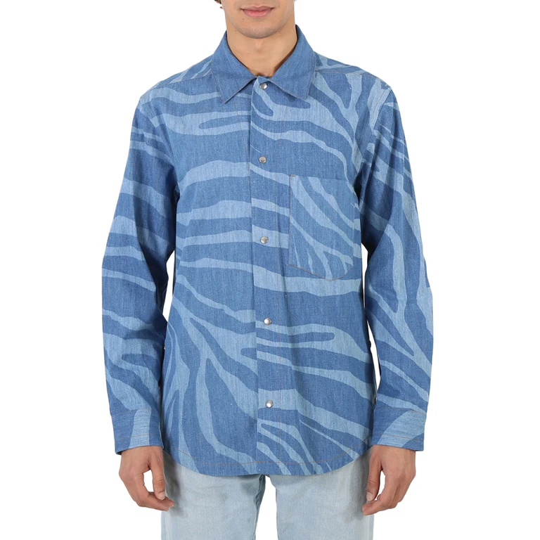 Mens Dark Blue Macro Zebra-print Denim Shirt