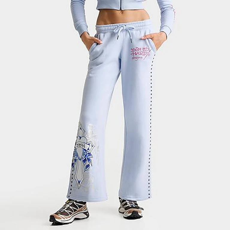 Ed Hardy Women's Cross Wings Fleece Pants in Dusty Blue Size: XS