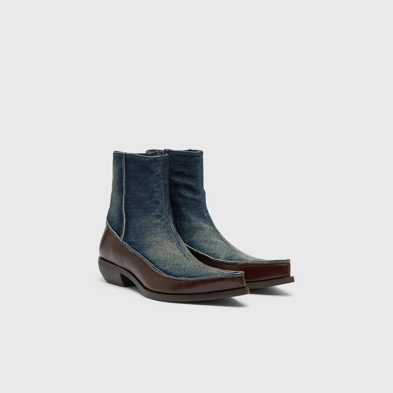 D-Frido-Western ankle boots in leather and denim - Boots - Man - Blue