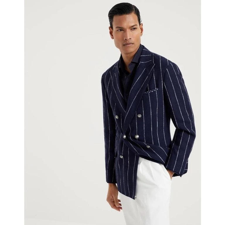 Men's Navy Wool Linen Silk Double Breasted Blazer