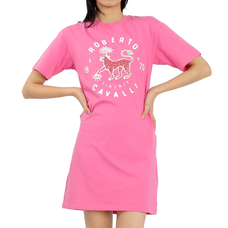 Ladies Pink Lucky Leopard Print T-shirt Cotton Dress