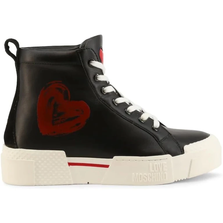High Black Women's sneaker in Leather Love Moschino with Red Heart Painted