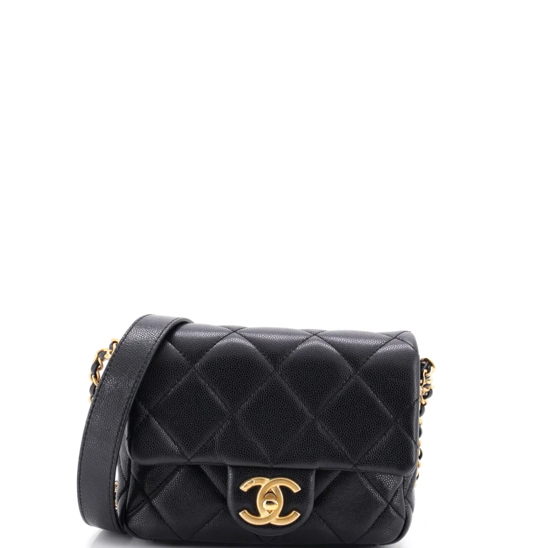 Twist Your Buttons Flap Bag Quilted Caviar Mini
