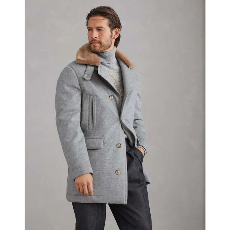 Mens Pearl Grey Wool Jacket With Mink Collar