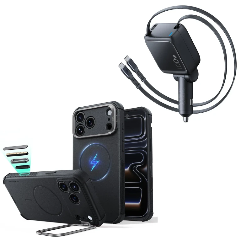 iPhone 18 Pro Max Cyber Tough Magnetic Case with Camera Control and Flex Stand, Plus Xtend 100W Retractable Car Charger Bundle - Black - Black