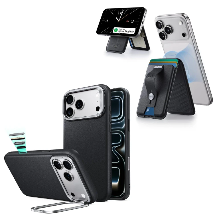 iPhone 18 Pro Max Atelier Silicone Leather Magnetic Case with Camera Control and Flex Stand, Plus Geo Wallet Stand Bundle - Black - Black