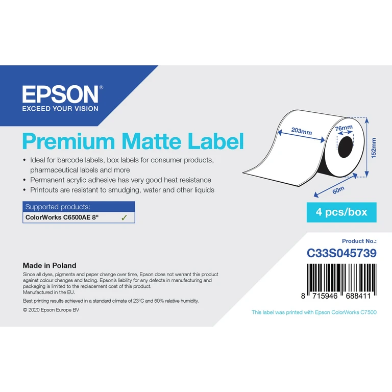 Premium Matte Label - Continuous Roll: 203mm x 60m