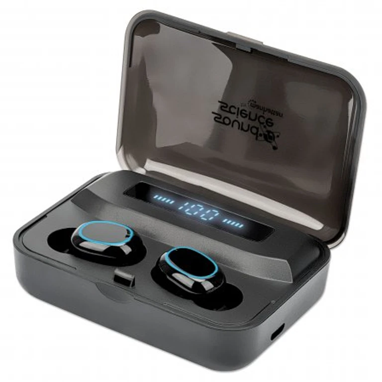 Bluetooth In-Ear Headphones, Black, Microphone, Integrated Controls, Sweatproof, Noise Isolating, 5 hour usage time, Max Range 10m, Charging Case with Powerbank (1200mAh), Bluetooth v5.0, USB-A charging cable included, 3 Year Warranty