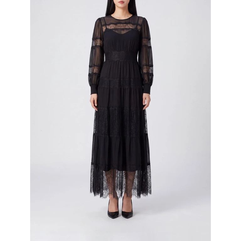 langes Kleid aus Viskose-Georgette und Valenciennes-Spitze