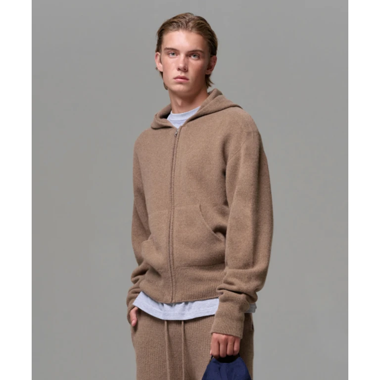 MEN CASHMERE BLEND ZIP KNIT HOODIE - NEUTRAL BROWN