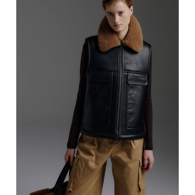 AVIATOR Reversible PU Leather Shearling Vest [Black/Brown]