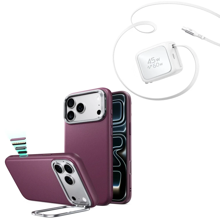 iPhone 18 Pro Atelier Silicone Leather Magnetic Case with Camera Control and Flex Stand, Plus Xtend 45W Retractable Charger Bundle - Deep Burgundy