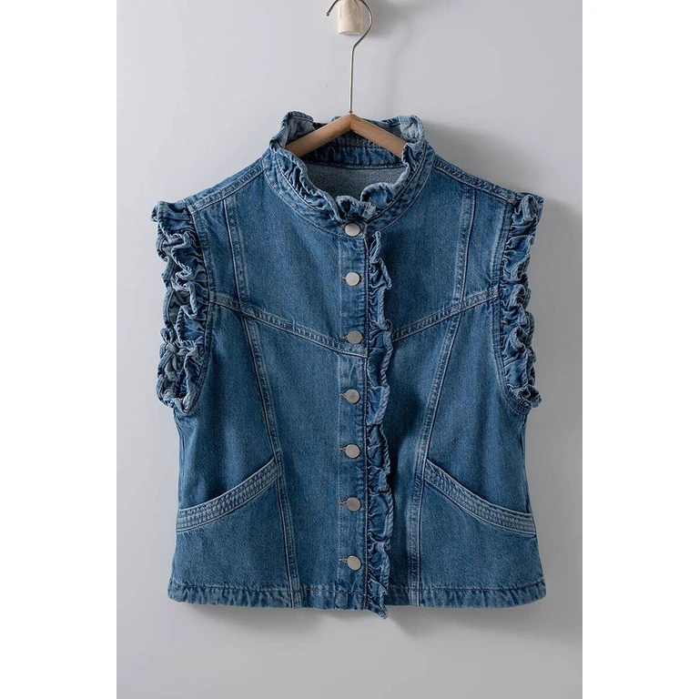 Victorian Muse Ruffle-Trim Denim Vest - High Collar Statement Layer