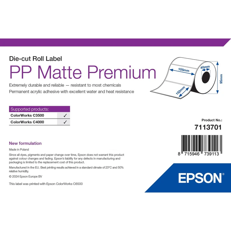 PP Matte Label Premium. Die-cut Roll. 105mm x 152mm. 185 Labels