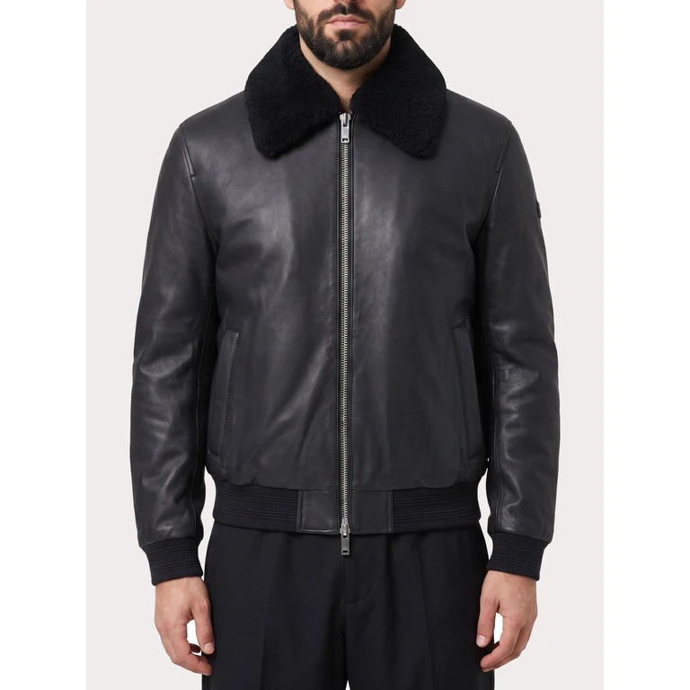 Lamb Leather Bomber Jacket with Shearling Collar (M34ML313313)