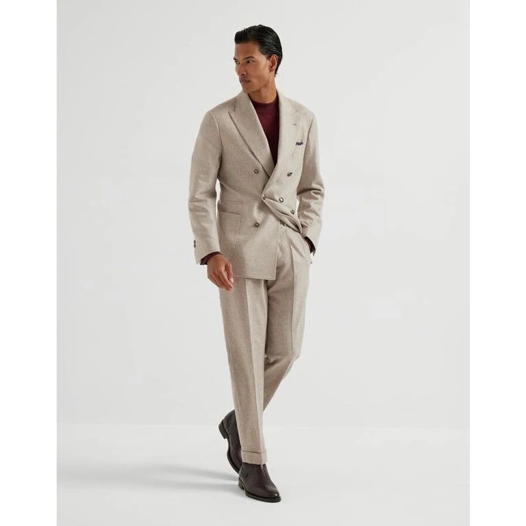 Men's Beige Double Breasted Wool Suit