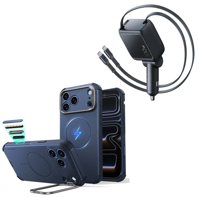 iPhone 18 Pro Cyber Tough Magnetic Case with Camera Control and Flex Stand, Plus Xtend 100W Retractable Car Charger Bundle - Navy Blue - Navy Blue