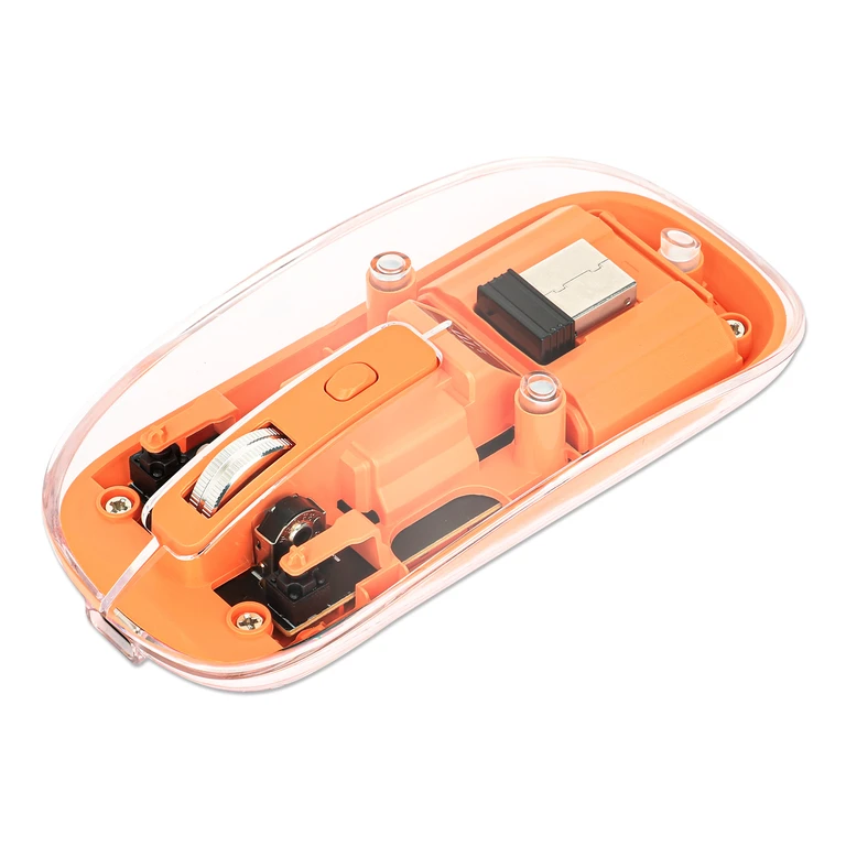 Transparent Rechargeable Wireless Mouse, Clear/Orange, Adjustable 800/1200/1600dpi, With RGB LED light, 2.4Ghz (effective range up to 10m), USB, Optical, Ambidextrous, Four Button with Scroll Wheel, Slim Design, USB-A micro receiver, Lithium Ion