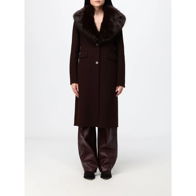 Single-Breasted Long Wool Blend Coat with Fur Collar (HK11104776FONDENTE)