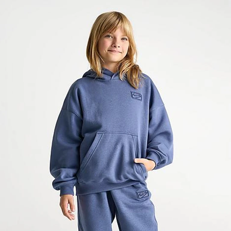 Big Kids Sportswear Club Fleece Futura Oversized Pullover Hoodie in Diffused Blue/Midnight Navy Size: Small